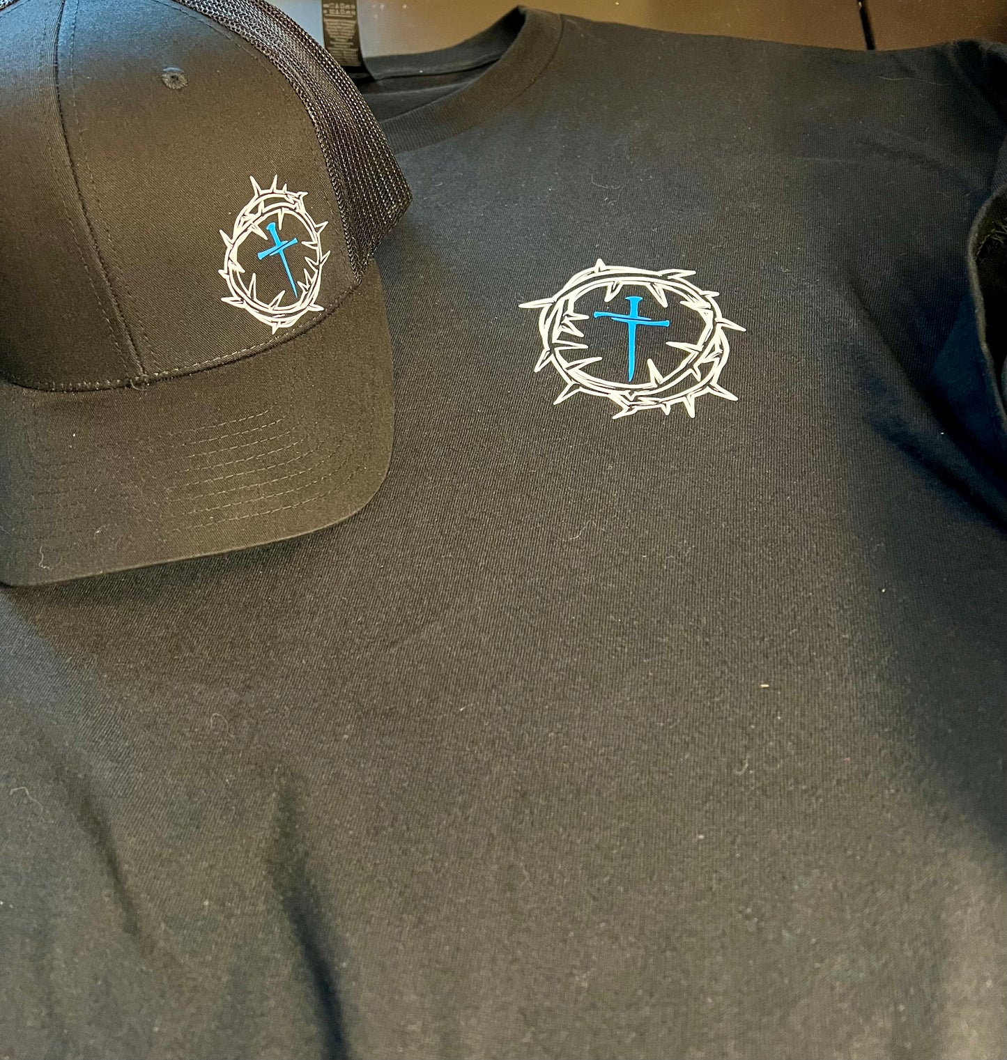 Elevated cross and crown hat and shirt set